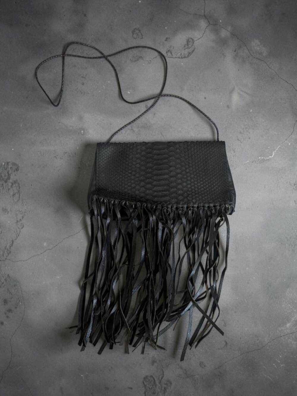 B. MAY Fringe Black Leather Crossbody Handbag
